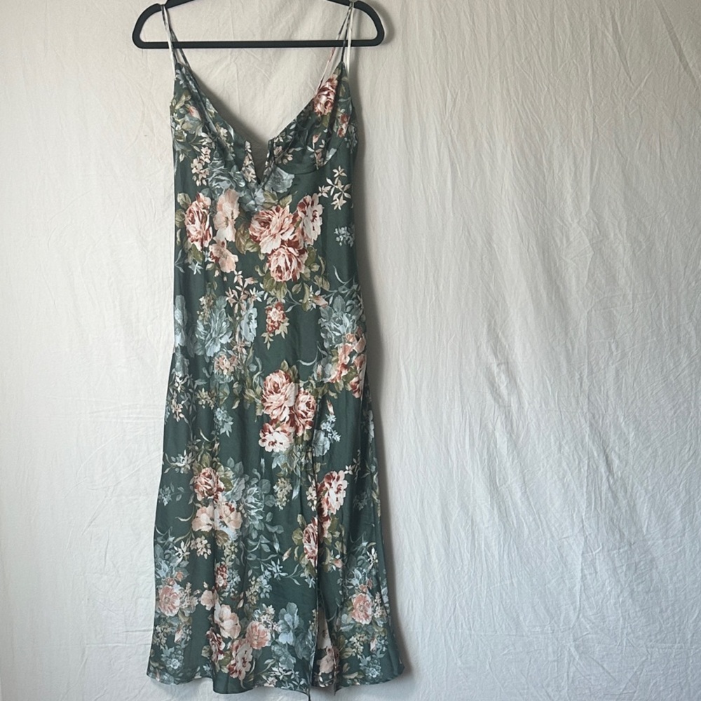 Floral Green Slip Dress with Rose Print